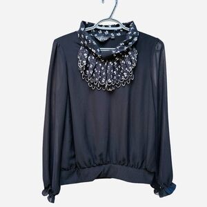 Yo Jinfs Black Floral Blouse with Ruffle Detail Large